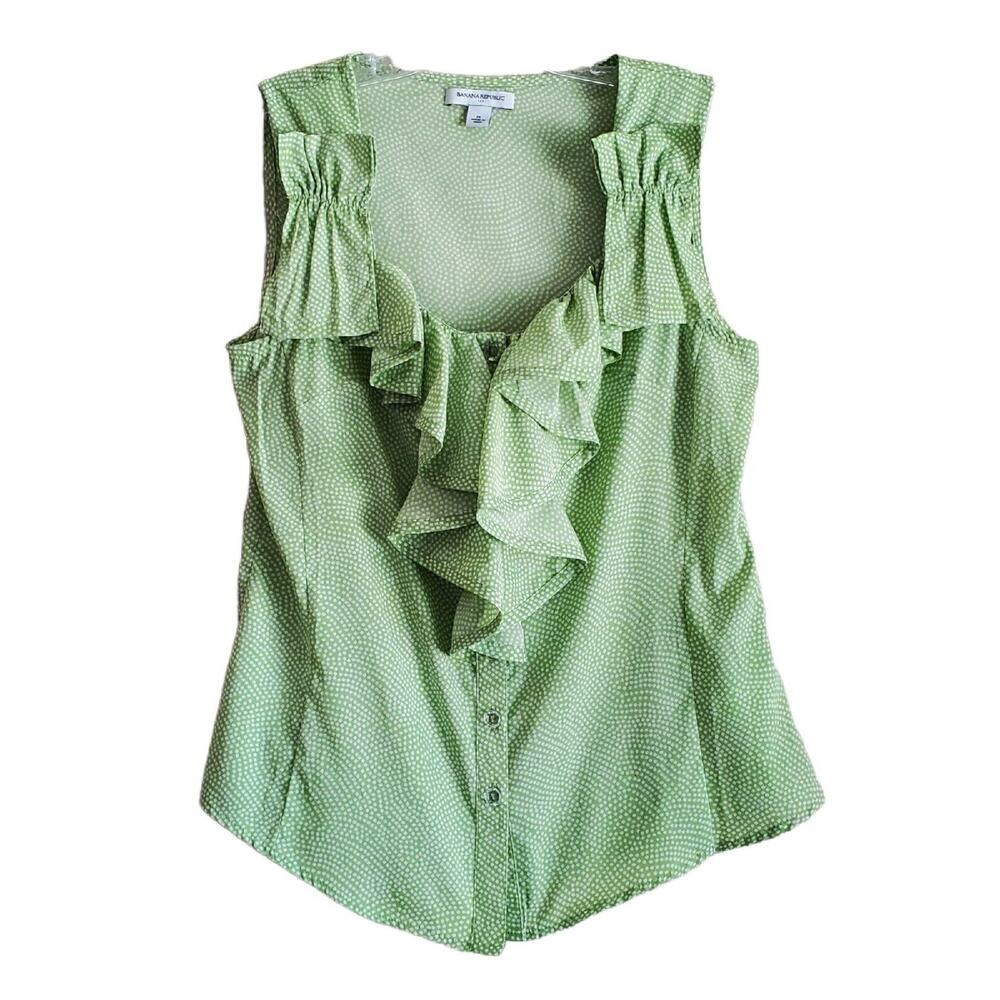 BANANA REPUBLIC Women M Blouse Sleeveless Ruffles Button Up Lime Green Bust 36"